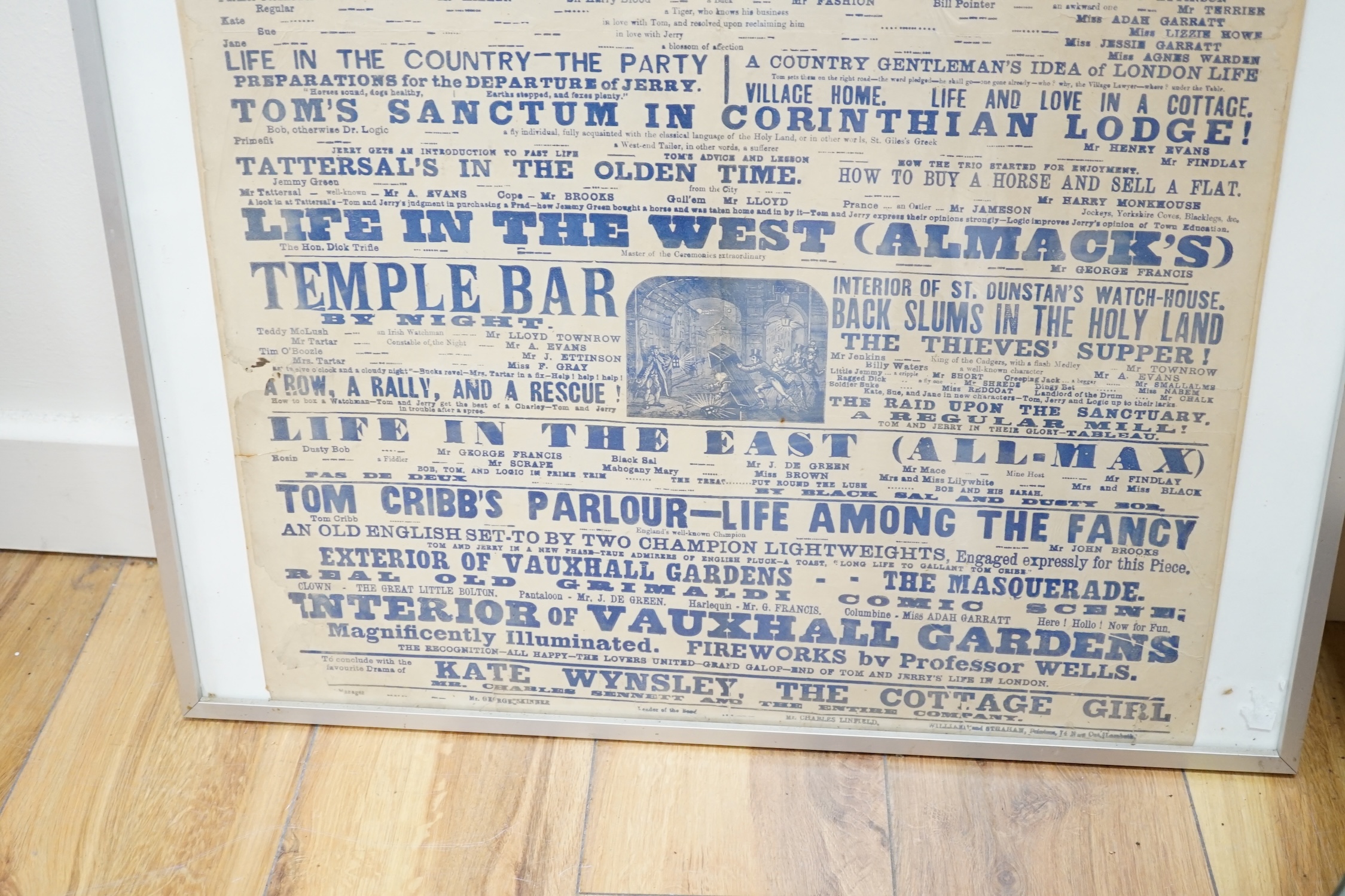 A Marylebone Theatre playbill for Tom and Jerry and other performances, circa September 1878, 76 x 51cm. Condition - poor